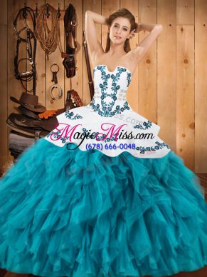 Glamorous Teal Satin and Organza Lace Up Strapless Sleeveless Floor Length Vestidos de Quinceanera Embroidery and Ruffles