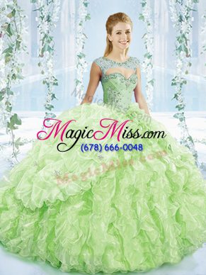 Flare Organza Sleeveless Sweet 16 Dresses Brush Train and Beading and Ruffles and Pick Ups