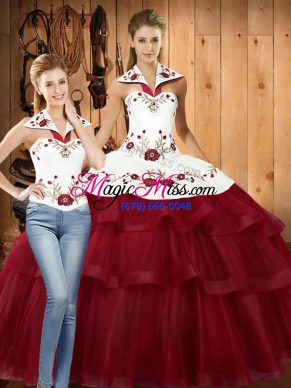 Wine Red Two Pieces Embroidery and Ruffled Layers 15th Birthday Dress Lace Up Satin and Organza Sleeveless With Train