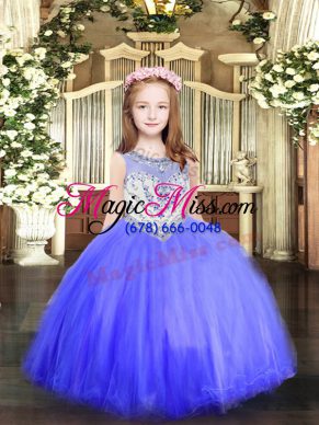 Popular Baby Blue Sleeveless Tulle Zipper Girls Pageant Dresses for Party and Quinceanera