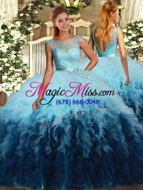 Free and Easy Multi-color Ball Gowns Scoop Sleeveless Tulle Floor Length Backless Beading and Ruffles Sweet 16 Dresses