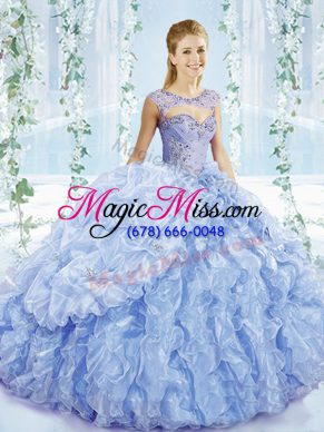 High End Blue Sleeveless Brush Train Beading and Ruffles and Pick Ups 15 Quinceanera Dress