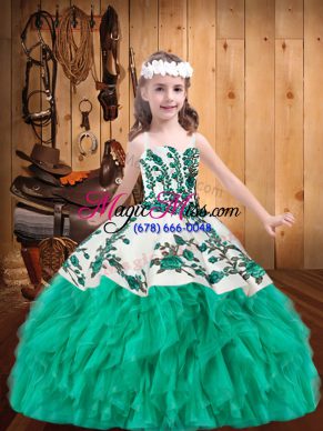 Custom Fit Turquoise Straps Lace Up Embroidery and Ruffles Kids Formal Wear Sleeveless