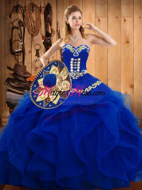 Blue Sweetheart Lace Up Embroidery and Ruffles 15th Birthday Dress Sleeveless