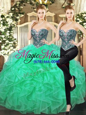 Sleeveless Tulle Floor Length Lace Up 15th Birthday Dress in Turquoise with Beading and Ruffles