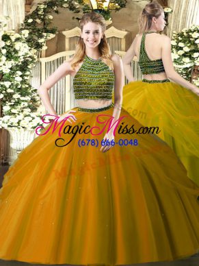 Sleeveless Tulle Floor Length Zipper 15 Quinceanera Dress in Brown with Beading