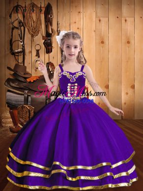 Organza Straps Sleeveless Lace Up Beading and Ruffled Layers Kids Formal Wear in Eggplant Purple