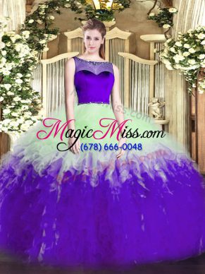 Customized Multi-color Ball Gowns Tulle Scoop Sleeveless Beading and Ruffles Floor Length Zipper Vestidos de Quinceanera