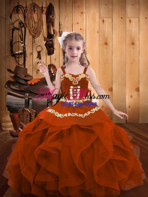 Custom Designed Rust Red Sleeveless Floor Length Embroidery and Ruffles Lace Up Kids Formal Wear