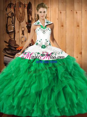 Low Price Floor Length Lace Up Vestidos de Quinceanera Green for Military Ball and Sweet 16 and Quinceanera with Embroidery and Ruffles