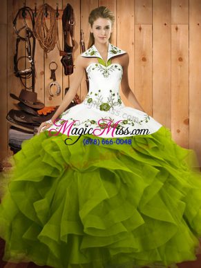 Amazing Olive Green Ball Gowns Embroidery and Ruffles 15th Birthday Dress Lace Up Tulle Sleeveless Floor Length