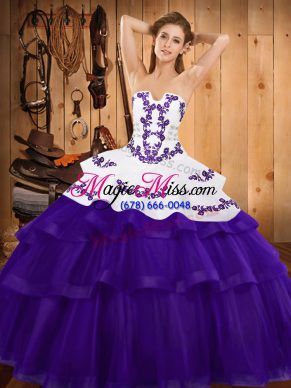 Affordable Purple Lace Up Strapless Embroidery and Ruffled Layers Quinceanera Dress Tulle Sleeveless Sweep Train