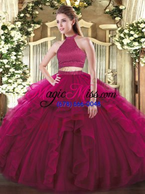 High End Halter Top Sleeveless Backless Ball Gown Prom Dress Fuchsia Tulle