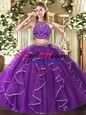 Purple Quinceanera Dresses Military Ball and Sweet 16 and Quinceanera with Beading and Ruffles High-neck Sleeveless Zipper