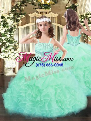 Apple Green Organza Lace Up Straps Sleeveless Floor Length Girls Pageant Dresses Beading and Ruffles and Pick Ups