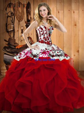 Fashion Wine Red 15th Birthday Dress Military Ball and Sweet 16 and Quinceanera with Embroidery and Ruffles Sweetheart Sleeveless Lace Up