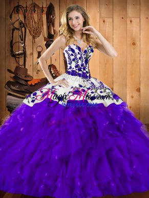 Cheap Purple Ball Gowns Sweetheart Sleeveless Satin and Organza Floor Length Lace Up Embroidery and Ruffles Quince Ball Gowns