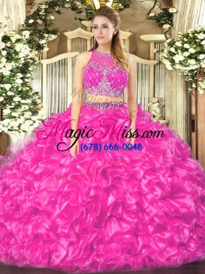 Fuchsia Sleeveless Beading and Ruffles Floor Length 15 Quinceanera Dress