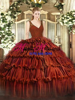 Rust Red Ball Gowns Beading and Ruffled Layers 15 Quinceanera Dress Zipper Organza Sleeveless Floor Length