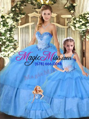 Baby Blue Sleeveless Beading and Ruffled Layers Floor Length Sweet 16 Dress