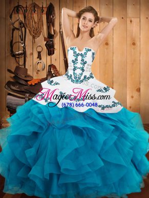 Inexpensive Teal Lace Up Strapless Embroidery and Ruffles 15 Quinceanera Dress Satin and Organza Sleeveless