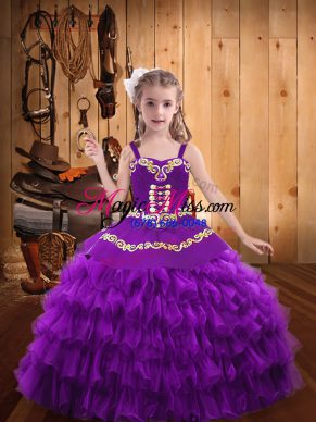 Floor Length Purple Little Girl Pageant Dress Straps Sleeveless Lace Up