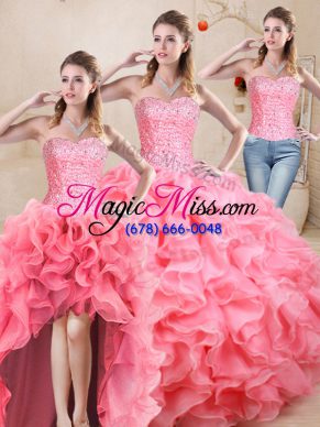 High Quality Watermelon Red Organza Lace Up Quinceanera Dress Sleeveless Floor Length Beading and Ruffles