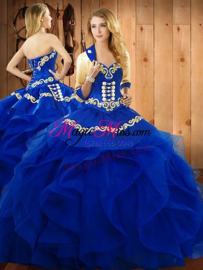 Lovely Blue Quince Ball Gowns Military Ball and Sweet 16 and Quinceanera with Embroidery and Ruffles Sweetheart Sleeveless Lace Up