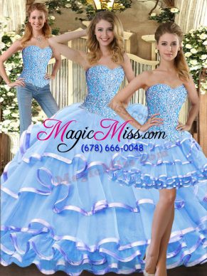 Hot Sale Sweetheart Sleeveless Sweet 16 Dresses Floor Length Beading and Ruffled Layers Baby Blue Tulle