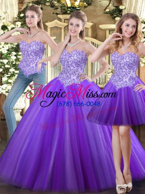 Eggplant Purple Ball Gowns Beading Vestidos de Quinceanera Lace Up Tulle Sleeveless Floor Length