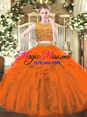 Rust Red Two Pieces Beading and Ruffles Sweet 16 Quinceanera Dress Zipper Tulle Sleeveless Floor Length