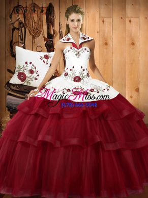 Affordable Wine Red Satin and Organza Lace Up Halter Top Sleeveless With Train Quinceanera Dresses Sweep Train Embroidery and Ruffled Layers