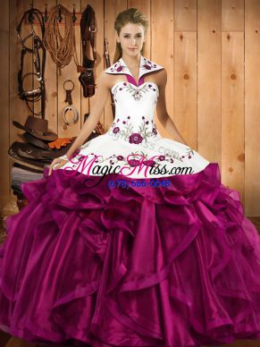 Stylish Embroidery and Ruffles 15 Quinceanera Dress Fuchsia Lace Up Sleeveless Floor Length