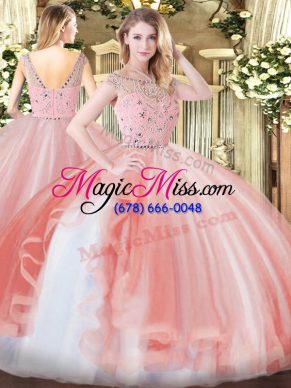 Peach Sleeveless Tulle Zipper Ball Gown Prom Dress for Military Ball and Sweet 16 and Quinceanera