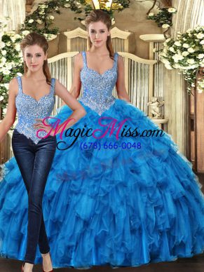 Edgy Teal Tulle Lace Up Quinceanera Dresses Sleeveless Floor Length Beading and Ruffles