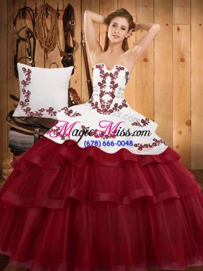 Edgy Burgundy Lace Up Strapless Embroidery and Ruffled Layers Vestidos de Quinceanera Tulle Sleeveless Sweep Train