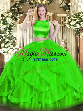 Custom Designed Green Vestidos de Quinceanera Military Ball and Sweet 16 and Quinceanera with Ruffles High-neck Sleeveless Criss Cross