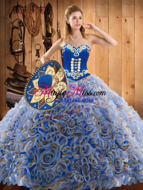 Great Multi-color Sweetheart Lace Up Embroidery Sweet 16 Dresses Sweep Train Sleeveless