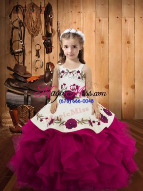 Fuchsia Lace Up Little Girl Pageant Gowns Embroidery and Ruffles Sleeveless Floor Length