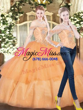 Affordable Orange Red Off The Shoulder Lace Up Beading and Ruffled Layers Quinceanera Dresses Sleeveless