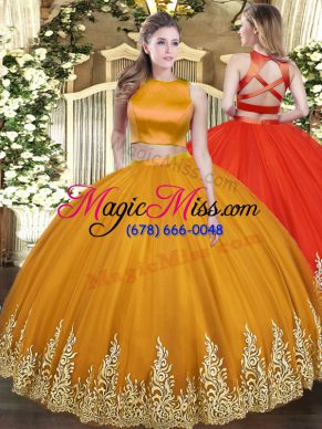 Luxurious Orange Two Pieces High-neck Sleeveless Tulle Floor Length Criss Cross Appliques Sweet 16 Dresses