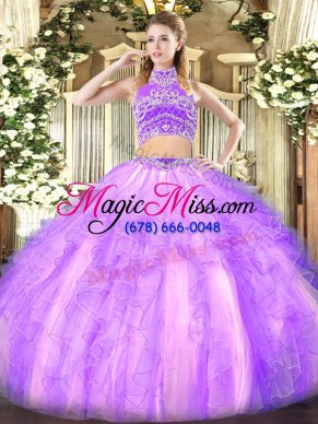 Floor Length Lavender 15th Birthday Dress High-neck Sleeveless Backless