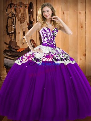 Eggplant Purple Lace Up Sweetheart Embroidery Quince Ball Gowns Satin and Tulle Sleeveless