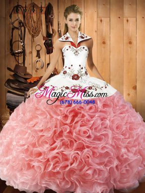 Excellent Watermelon Red Fabric With Rolling Flowers Lace Up Halter Top Sleeveless Floor Length Sweet 16 Quinceanera Dress Embroidery