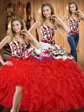 Graceful Red Lace Up Quinceanera Dresses Embroidery and Ruffles Sleeveless Floor Length