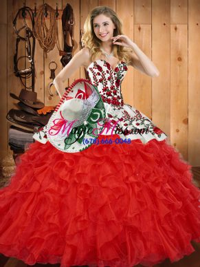 Floor Length Red Quinceanera Gowns Tulle Sleeveless Embroidery and Ruffles