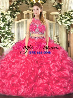 Sleeveless Floor Length Beading and Ruffles Zipper Quinceanera Dress with Coral Red