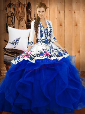 Blue Ball Gowns Sweetheart Sleeveless Satin and Organza Floor Length Lace Up Embroidery Sweet 16 Quinceanera Dress