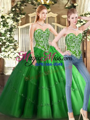 Best Selling Sleeveless Tulle Floor Length Lace Up 15th Birthday Dress in Green with Beading