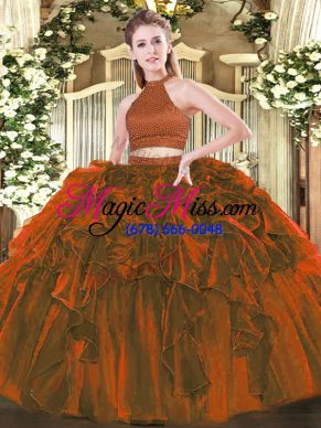 Sumptuous Brown Backless Halter Top Beading and Ruffles Quinceanera Dress Organza Sleeveless